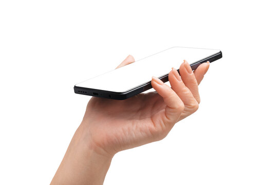 Hand holds smartphone with white screen and black frame. The girl holds a smartphone in her left hand while recording audio messages. Ideal for digital, tech, or mobile app concepts.
