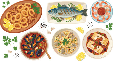 Mediterranean Seafood Feast Set With Calamari Grilled Fish Shrimp Mussels Pasta and Cod Lemon Garlic Herbs Vector Illustration © MD
