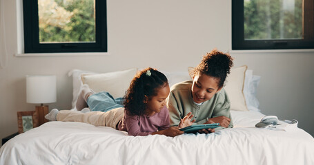 Relax, smile and tablet with happy kids on bed in home for holiday, morning break or weekend. App,...