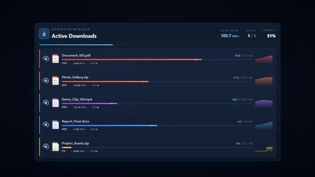 Download Manager Interface Animation with Multiple File Progress Bars and Active Status