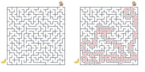Square maze puzzle monkey path to banana with solution for attention © Alex