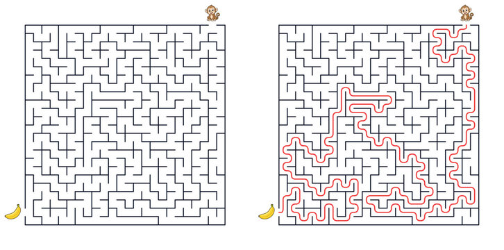 Square maze puzzle monkey path to banana with solution for attention