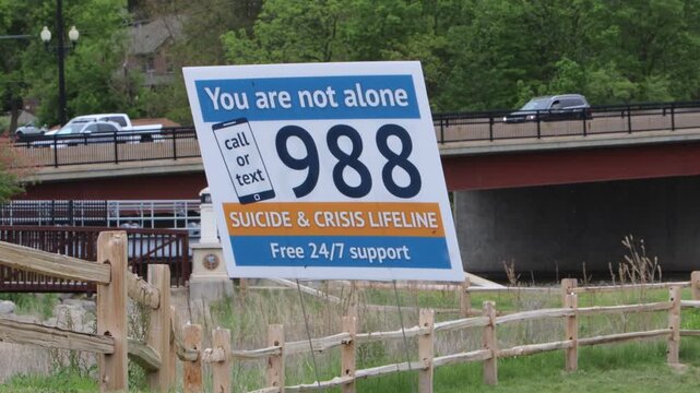 A suicide prevention sign with 988 number on a grassy lawn with cars passing a bridge behind it on a windy day.
