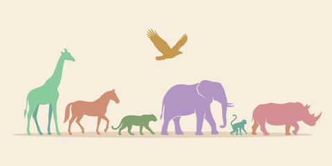 Wild Animal Silhouette Collection with Safari Wildlife Icons Featuring Elephant Rhino Giraffe and Jungle Creatures for Nature Design Projects © SunilKumar