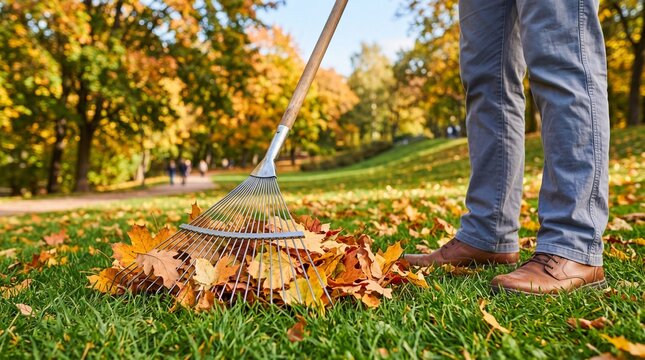 Close up of a man raking golden autumn leaves on green grass in a sunny park. Seasonal yard work, landscaping and garden cleanup concept with a metal fan rake and brown leather shoes.