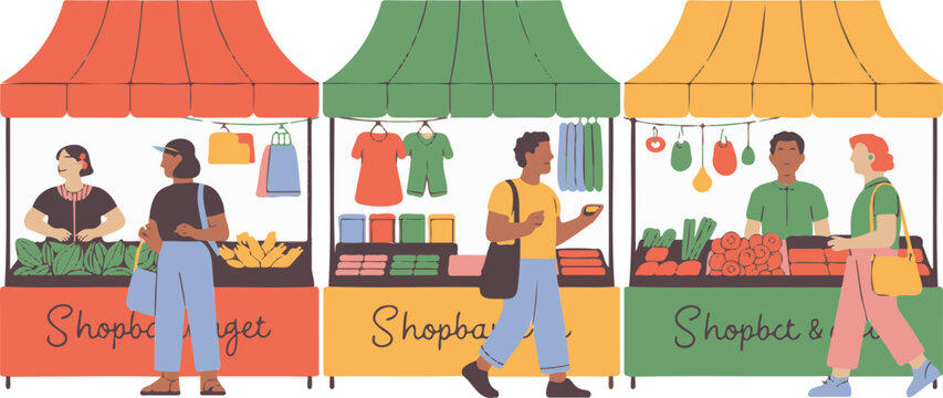 Flat vector illustration of a busy street market with colorful stalls and people shopping, isolated on transparent background.