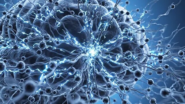 Close-up of a firing neuron with electrical impulses and synapses brain nerve