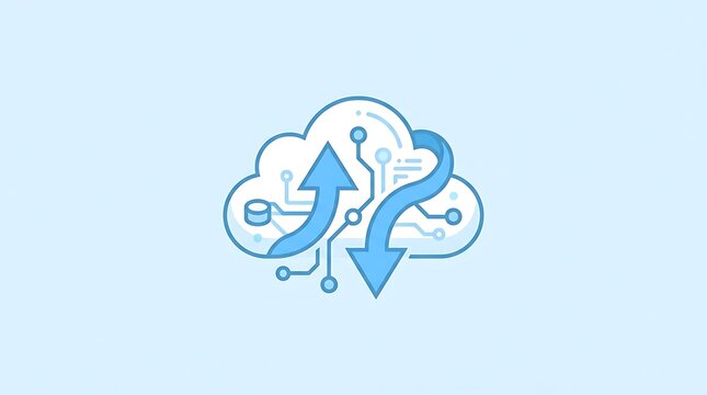 Cloud computing with circuit board pattern and blue arrows for data upload and download process