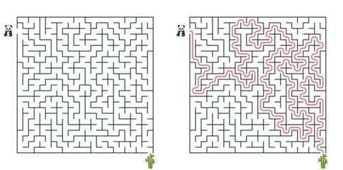 Square maze puzzle panda path to bamboo with solution for attention © Alex