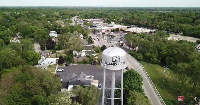 Aerial drone video of the Island Lake water tower in Illinois.