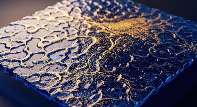 Macro view of metallic blue surface with golden pattern
