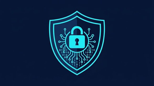 Glowing blue shield with a central padlock and binary code patterns on a dark navy background security