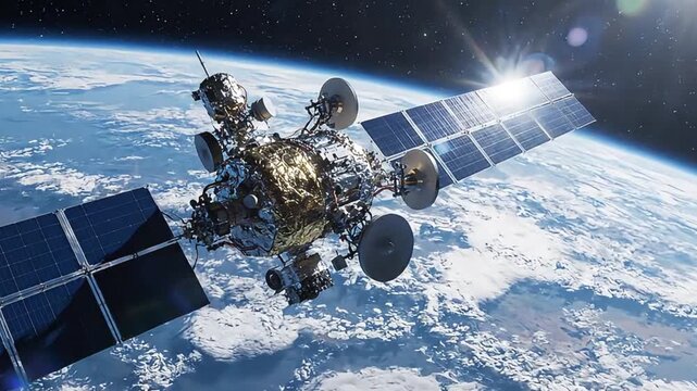 Satellite with solar panels in earth orbit, detailed view space technology