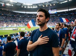Naklejka premium Proud French Football Fan with Hand on Chest Standing in Crowded Stadium During National Anthem