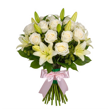 Elegant bouquet of white roses tied with pink ribbon isolated on transparent background
