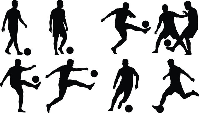 Silhouettes of soccer players performing dynamic actions with ball including kicking, dribbling, and challenging for possession illustration