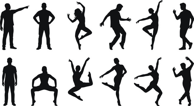 Silhouettes of people in dynamic poses showing expressive body movements, dance gestures, and human posture illustration set