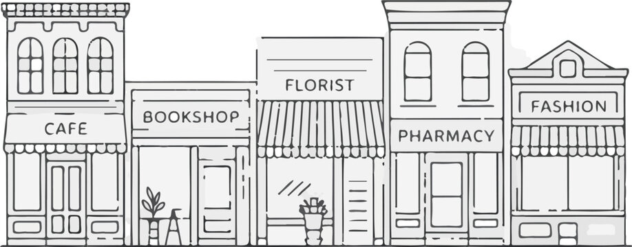 Row of small town storefronts in a clean line art style, isolated on transparent background for architectural design projects.