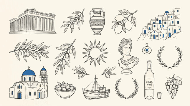 Large collection of hand drawn Greece travel elements featuring Parthenon temple ancient amphora orthodox church cliffside island houses sculptures and olive oil branch doodles