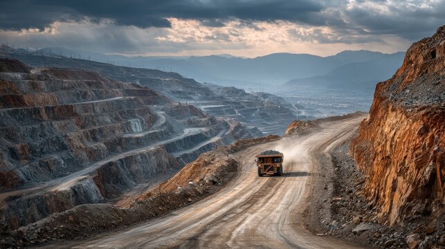 Giant mining truck hauling ore on a dusty road in a vast open-pit mine landscape