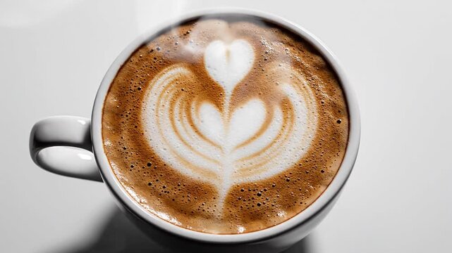 Top down view of a white ceramic cup filled with a hot latte featuring intricate heart-shaped milk foam art and rising steam, placed on a clean, light-colored minimalist background.