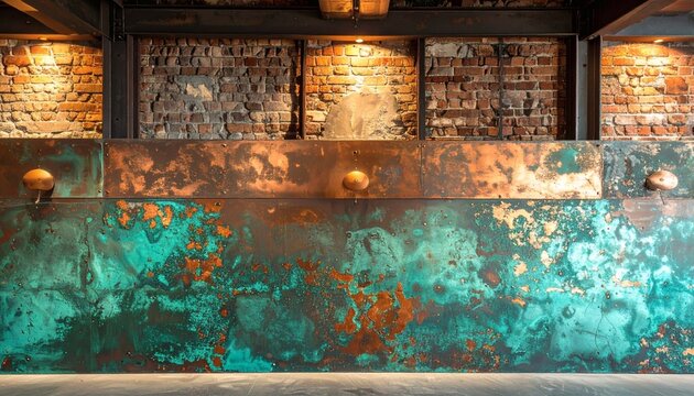 Industrial interior wall with turquoise verdigris copper panels and old brickwork