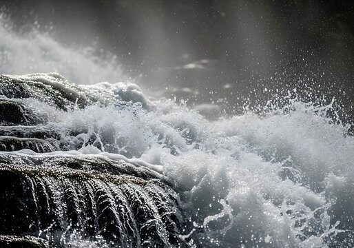Powerful waterfall water splashing over dark wet rocks in black and white