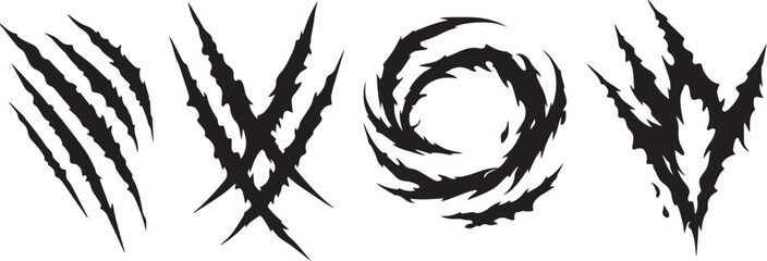Aggressive monster claw marks vector set, black animal scratch marks on white background, 4 sharp predator claw rip elements for gaming and horror © Shaiq
