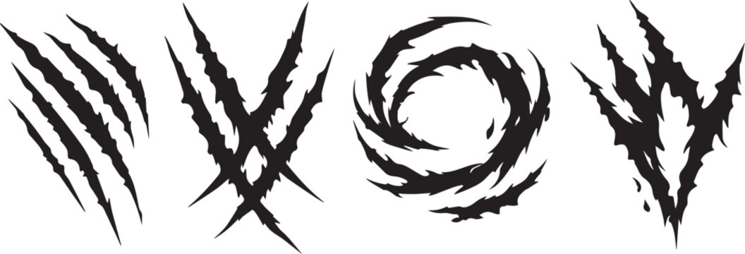Aggressive monster claw marks vector set, black animal scratch marks on white background, 4 sharp predator claw rip elements for gaming and horror