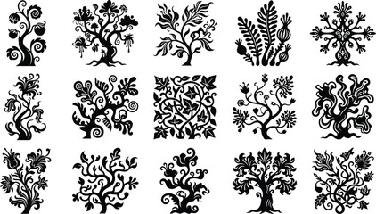 Collection of 15 black silhouette decorative floral and tree motifs white © Graphic Shops