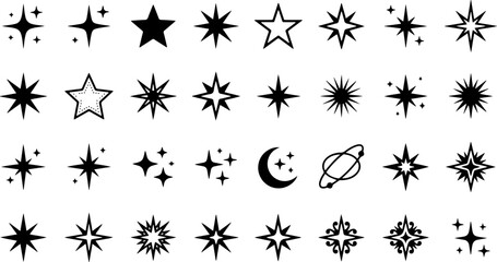 Large set of black star icons sparkles and twinkling symbols featuring crescent moon saturn planet linear and solid shapes for magic cosmos design elements © My one