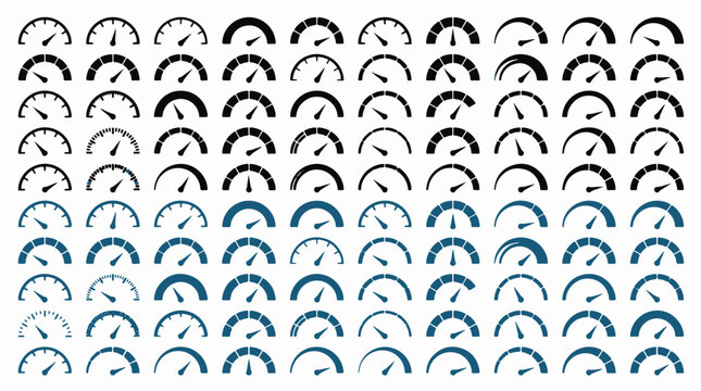 Large set of dashboard speedometer indicator gauge icons with different level scales in black and blue colors for measurement performance speed concepts
