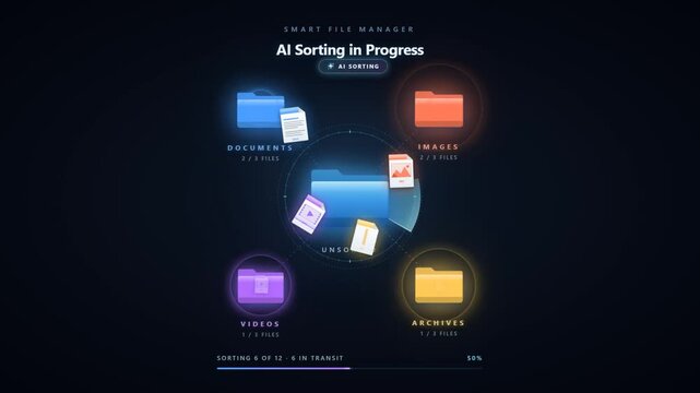 Smart File Manager AI Sorting Process Animation with Documents Images Videos Archives