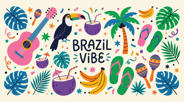 Tropical Brazil vibe illustration set with cute hand drawn elements toucan palm tree guitar maracas coconut drink banana isolated on cream background