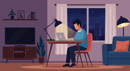 Man working on laptop at desk in dimly lit room at night, city skyline outside window © Kuri