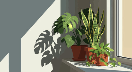 Potted houseplants bathed in sunlight casting shadows on a wall, indoor nature. © Leo