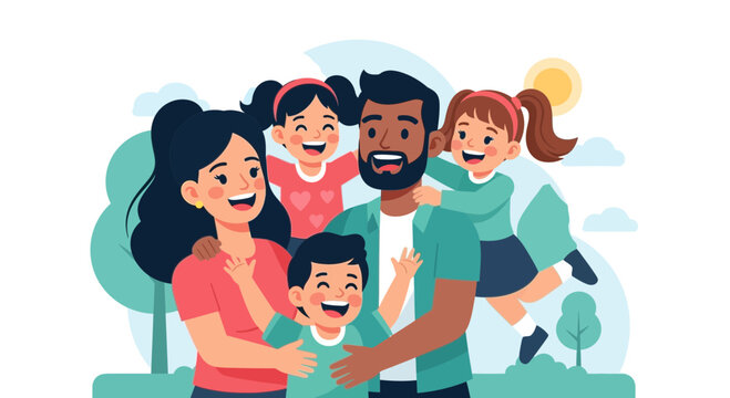 Happy Diverse Family Portrait Outdoors With Two Kids