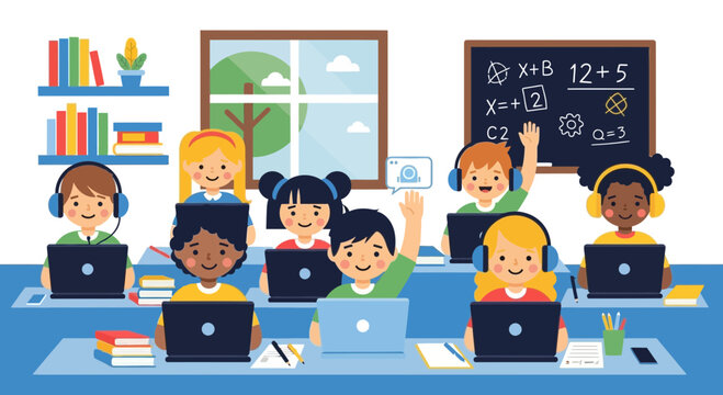 Diverse Children Learning Online with Laptops in a Colorful Classroom
