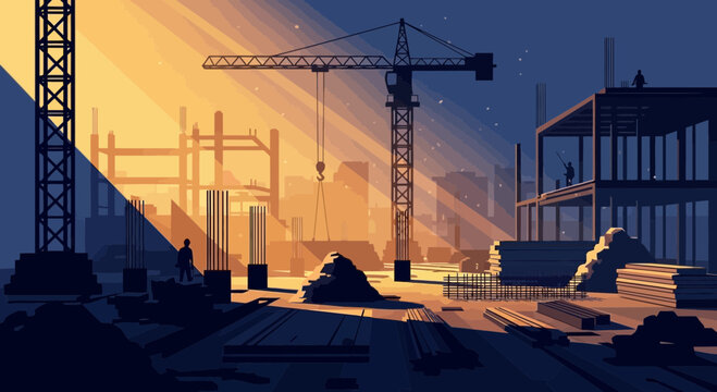 Pixel Art Construction Site at Sunset with Crane and Building Framework