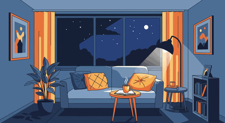 Cozy living room at night with starry sky view from window, warm lamp light, modern decor © Leo