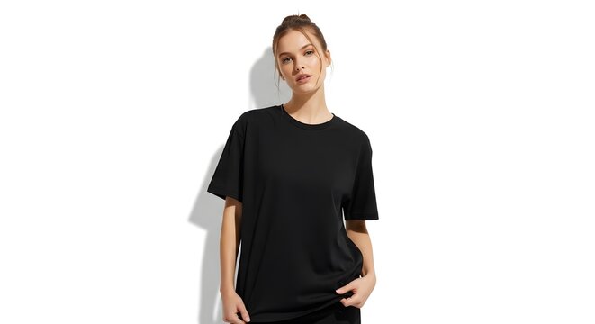 Young woman wearing oversized black t-shirt posing confidently against white background