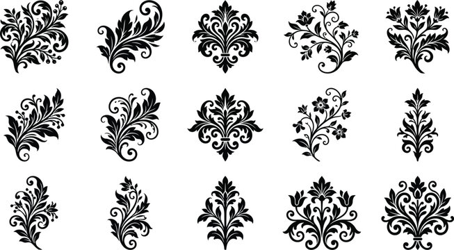 Collection of black floral ornamental baroque swirls, and leaves leaf