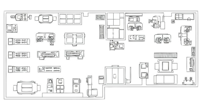 High level overhead view blueprint layout representing furniture arrangement options in an open floor plan commercial or residential space showing multiple sofa chair table and storage