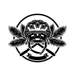 Fototapeta premium Black and white vector icon of an outdoor full-face helmet with crossed pine trees, representing mountain biking and adventure. 