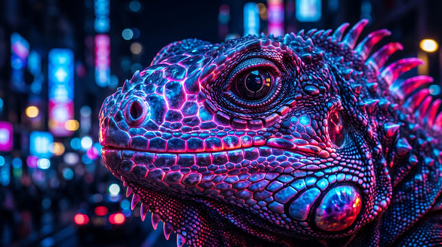 A close-up portrait of a wild green iguana resting on a tree branch, showcasing the detailed macro textures of its reptile scales, keen eye, and dragon-like head in its natural wildlife habitat
