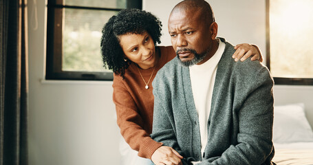 Couple, empathy and man with stress in bedroom, financial crisis and thinking of unemployment or...