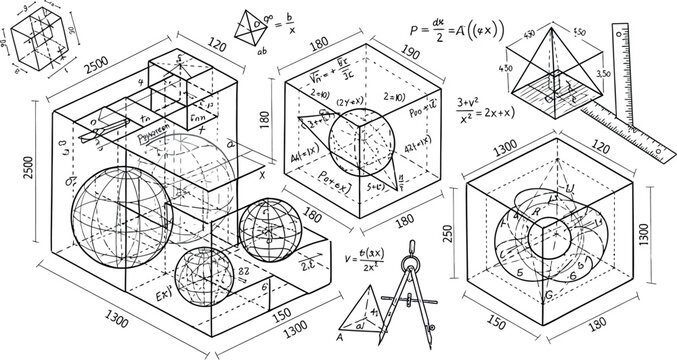 Geometric technical with spheres, cubes, and mathematical formulas