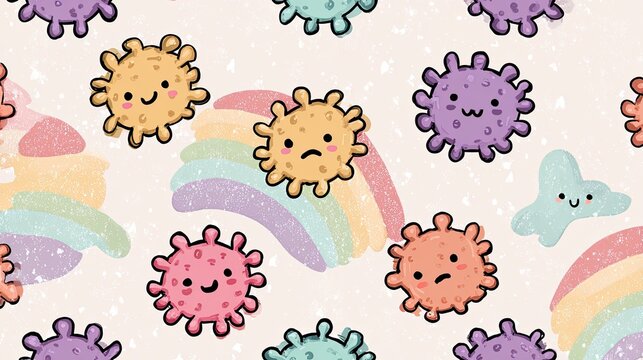 Cute Cartoon Viruses with Rainbows on a Soft Pastel Background
