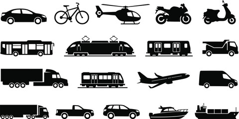 Collection of black silhouette of various vehicles and modes of transport bicycle helicopter motorcycle © Graphic Shops