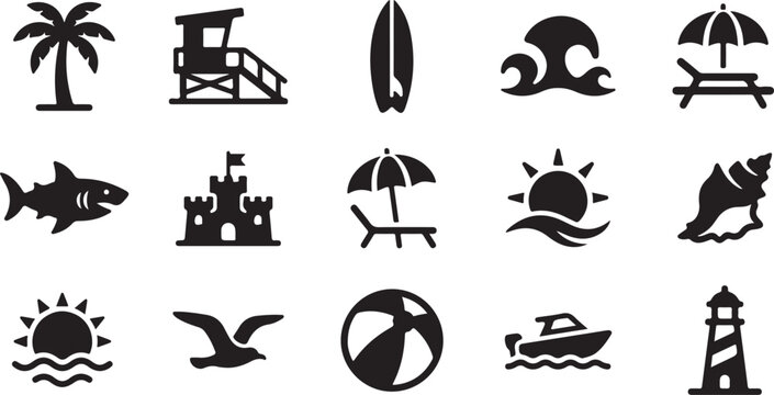 Black beach icons set including palm tree, lifeguard chair, surfboard, wave, umbrella, fish, castle, sun, seagull, ball, boat, lighthouse
